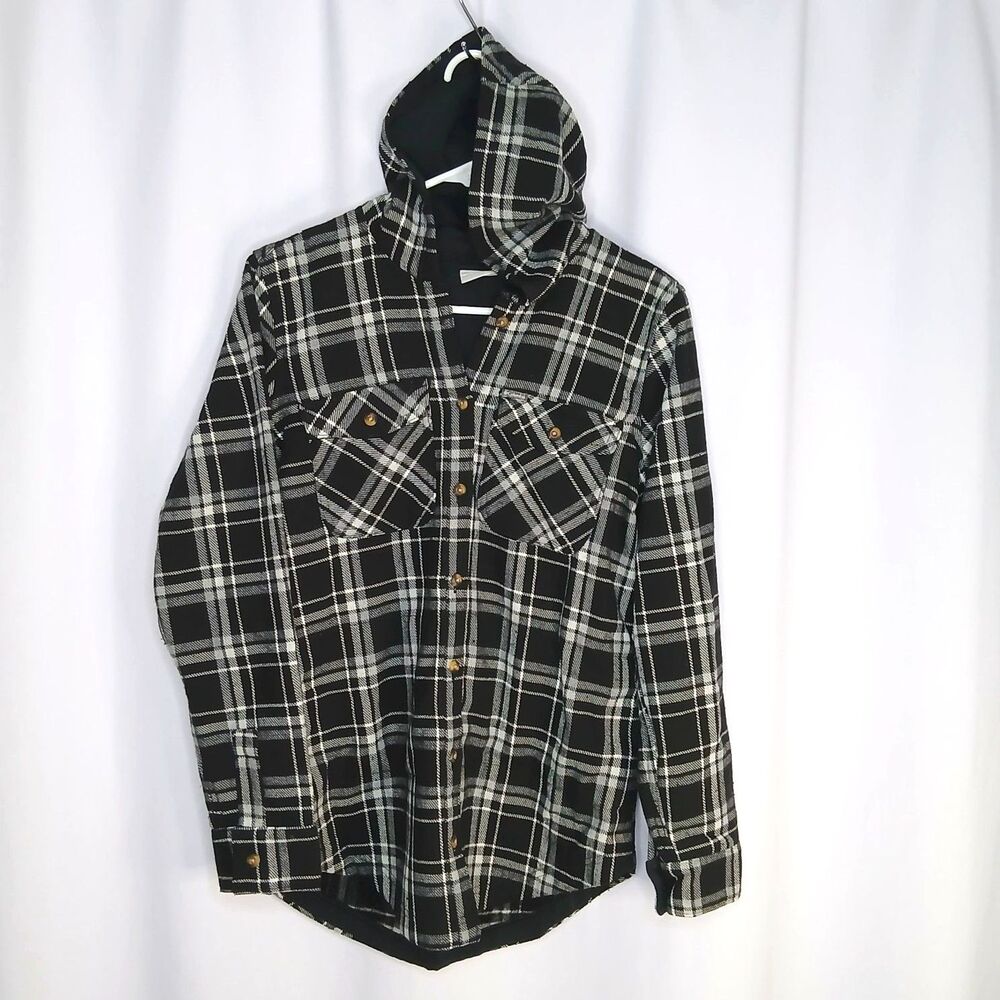 Columbia Plaid Hooded Flannel Shirt Jacket Pockets Lined Black Gray Womens Med